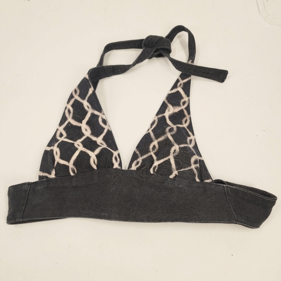 Washed Black Bleach Dye Denim Triangle Bra Top - Picture 1 of 3